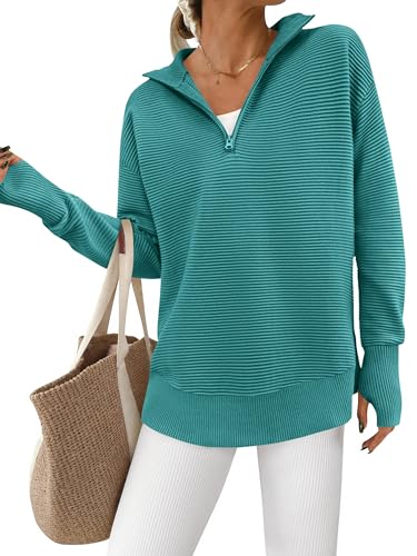 Image of PRETTYGARDEN Womens Long Sleeve Quarter Zip Pullover Sweater | Casual Loose V Neck Sweaters with Thumb Hole, Collared Ribbed Knit Jumper Tops, Oversized Tunic Tops, Fall Outfits 2026