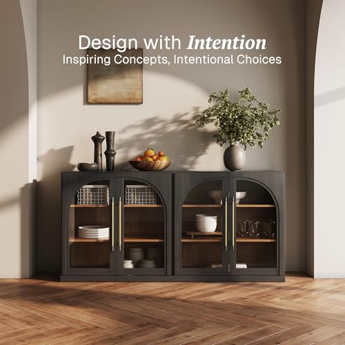 Image of BELLEZE Set of 2 Modular Sideboard with Arched Glass Door, Accent Display Buffet Cabinet with Storage and Adjustable Shelves, 65'' Classic Modern Credenza for Living Room Kitchen Entryway (Ebony)