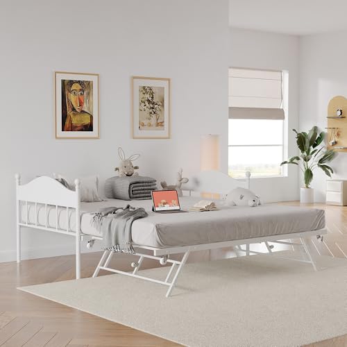 Daybed With Trundle, Metal Twin Size Day Bed With Stylish Headboard, Sofa BedFrame With Pop Up Foldable Trundle Bed, Heavy Duty Steel Slats Platform for Living Room, Bedroom and Guest Room, White