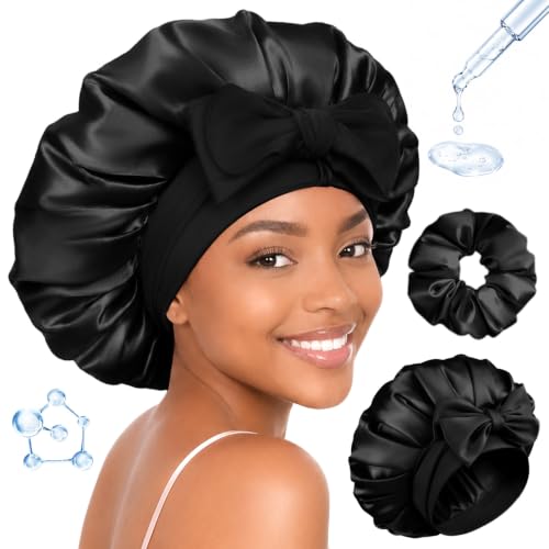 Image of BONNET QUEEN Silk Bonnet for Sleeping HYALURONIC Acid Reversible Double Layer Satin Bonnet for Curly Hair, Black, One Size