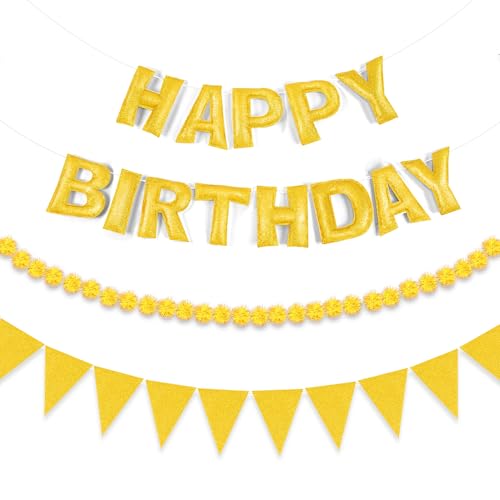 CANREVEL(キャンベル) 紐付き 3D Happy Birthdayバナー ゴールドハッピーフェルトガーランド ポンポンガーランド 三角形の布巾 再利用可能なゴールドの誕生日デコレーション レディース メンズ ガールズ ボーイズの商品画像（Amazon）