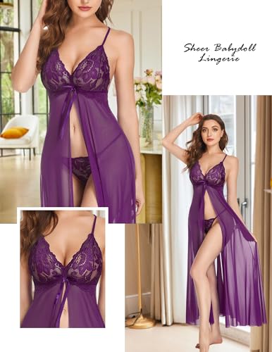 Image of SSoShHub Women Lingerie Lace Babydoll Dress Open Front Sleepwear Long Sheer Nightgowns V Neck Nightwear for Wife, Women Wedding Valentine Special Night Occasion Festival