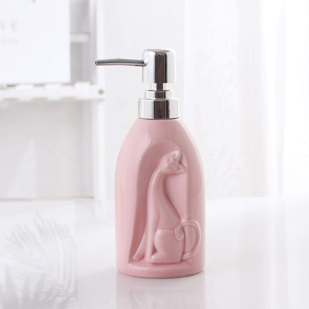 PAGOIAAR Soap Dispenser - Bathroom Countertop Pump Bottles, Bathroom Soap Dispenser, Retro Pink Creative Cat Ceramics Lotion Bottle Bathroom Refillable Hand Soap Dispenser with Silver Pump