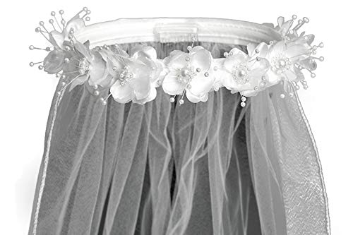 Made in USA Girls First Communion Veil - Holy 1st Communion Veil - Flowers and Pearls Head Pieces for Catholic Accessories - Velos de Primera Comunion3