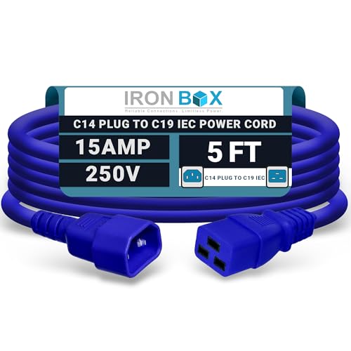 Image of IronBox Electric - Heavy-Duty C14 to C19 Power Cord, 15A, 250V, 14 /3 SJT - IEC60320 PC Cable for Computer Extensions, Monitor, PSU - C14 Male to C19 Female Connector Power Cable - (Blue 5 Foot)
