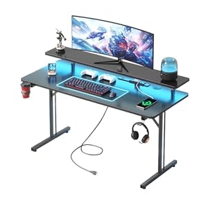 Flrrtenv 39 Inch Small Gaming Desk, Computer Desk with LED Lights & Power Outlets, Carbon Fiber Gaming Table with Full Monitor Stand, Gamer Desk with Headphone Hook,Metal Frame, Black
