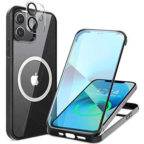 HAUTRKBG iPhone 12 Mini 用 ケース クリア 両面強化ガラス 360°全面保護 [MagSafe対応] [カメラフイルムを贈] [鋭敏タッチ] マグセーフ ワイヤレス充電対応 米軍MIL規格取得 耐衝撃 アイフォン 12 Mini透明 マグセーフ ケース・スマホケース iPhone 12 Mini 人気 5.4インチ(ブラック)