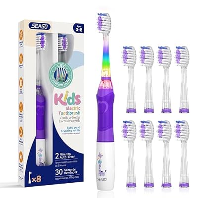 SEAGO Kids Electric Toothbrush with 2 Mins Brushing Timer and 8 Replacement Brush Heads, Rainbow LED Light Makes Brushing Fun, Battery Powered Toothbrush for Boys & Girls 3-6-8 Years Old, Purple