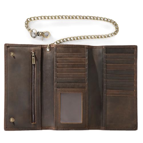 Mens Chain Wallet, Biker Trucker Wallets with Long Strong Chains, Genuine Leather Trifold Billfold, Snap, Brown