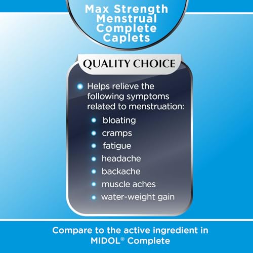 Quality Choice Menstrual Complete Max Strength Period Pain Relief, 500 mg of Acetaminophen, 60mg of Caffeine, 15mg of Pyrilamine Maleate, Cramps, Bloating, Headache. 24 Count.
