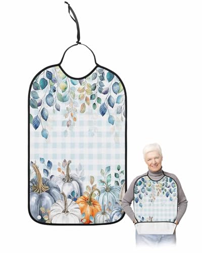 LEOKOTI Blue Plaid Pumpkins Fall Adult Bibs for Eating, Waterproof Bibs with Food Catcher & Adjustable Snap Closure, Thanksgiving Maple Leaf Vintage Washable Clothing Protectors Adult Bibs for Elderly
