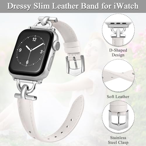 Image of Leather Band Compatible with Apple Watch Bands for Women, Dressy Fancy Strap for iWatch Series 11 /10 /9 /8 /7 /6 /5 /4 /3 /2 /1 /se /Ultra /Ultra 2(49mm 46mm 45mm 44mm 42mm,Starlight /Silver)