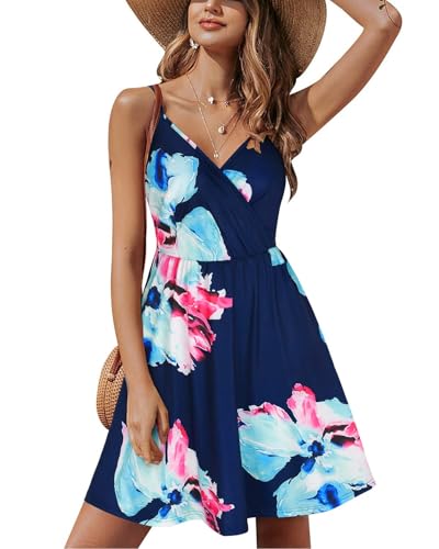 Image of STYLEWORD Womens Sundress Summer Floral Wrap V Neck Backless A-Line Casual Beach Midi Dress