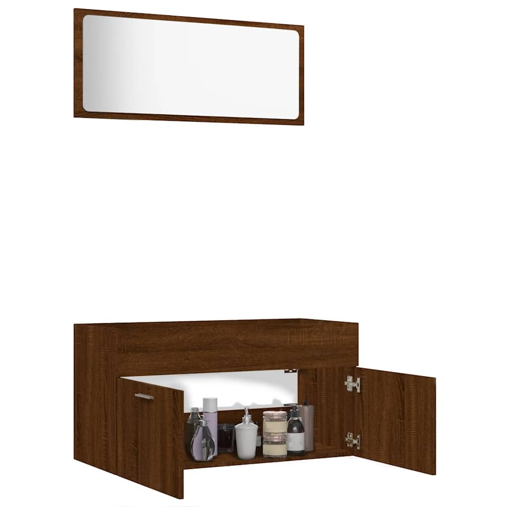 2-częściowy zestaw mebli łazienkowych o wyglądzie dębu, materiał drewnopochodny z szafką pod umywalkę i lustrem, wymiary 90 x 38,5 x 46 cm, oszczędność miejsca, wiszące, dodatkowe miejsce do