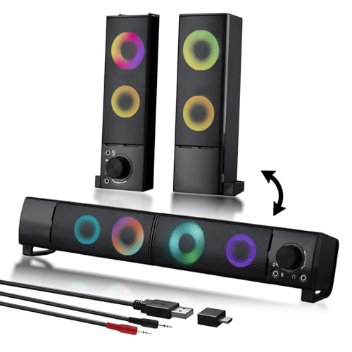 GSJADYH Wired Computer Speakers Designed for Desktop Devices USB Plug-and-Play Clear Sound with RGB Lighting Features Volume knob Ideal Gaming Speakers for Computers, laptops, Phones, and Tablets