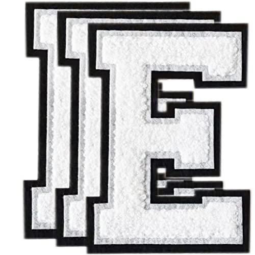 TXSN 3PCS White Chenille Letters Patch, Large Size 4-1/2" Iron on Letter Patches Varsity Patches for Clothing, E