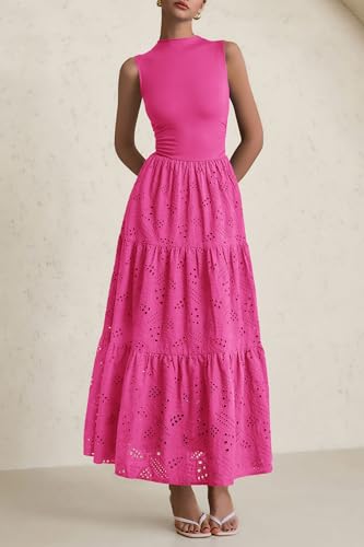 Image of PRETTYGARDEN Summer Dresses for Women 2026 Casual Eyelet Sleeveless Wedding Guest Maxi Dress Tank Top Sundress with Pockets