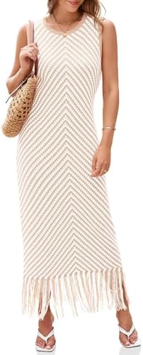 Wenrine Womens Summer Crochet Knit Dress Sleeveless Casual Stripe...