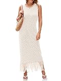 Wenrine Womens Summer Crochet Knit Dress Casual Striped Tassel Sleeveless Boho Maxi Dresses Apricot