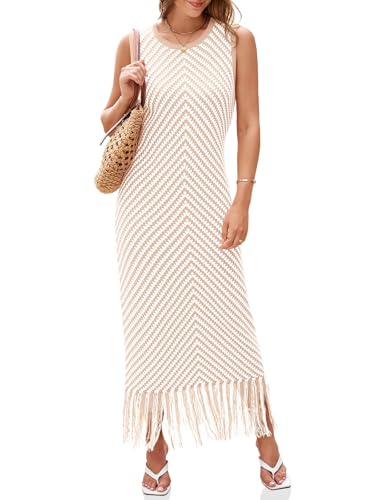 Wenrine Womens Summer Crochet Knit Dress 2025 Fall Casual Striped Tassel Sleeveless Boho Maxi Dresses Apricot
