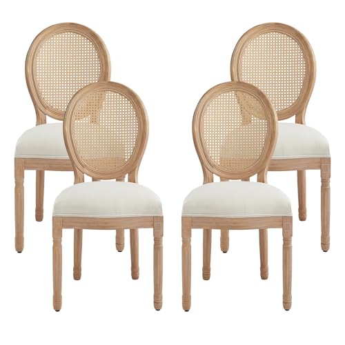 Nrizc French Country Dining Chairs Set of 4, Farmhouse Linen Chairs with Round Back, Woven Rattan Dining Chair, Oval Side Chairs for Dining Room/Living Room/Kitchen/Restaurant