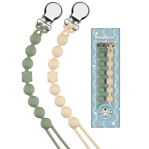 Image of Silicone Pacifier Clip for Boys Girls Binky Clips Chain Leash Holder Straps Soft Flexible with Texture Baby Shower Birthday Christmas(Moss Green,Beige)