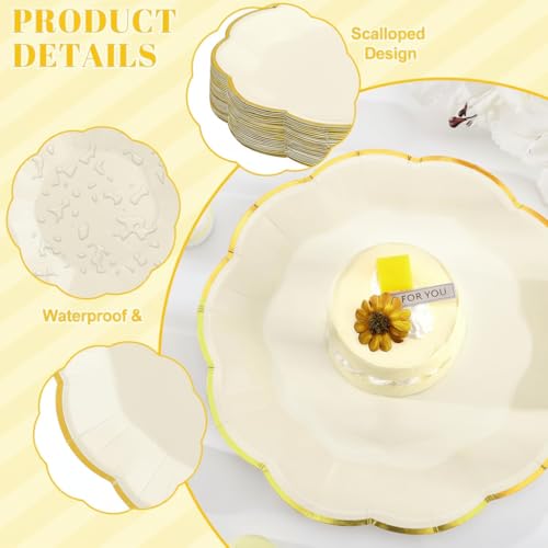 Image of NatNarr 30 Pcs Cream Paper Plates, 7 Inch Ivory New Years Plates with Gold Trim Scalloped White and Gold Plate for New Year, Baby Shower, Wedding (Pack of 2)