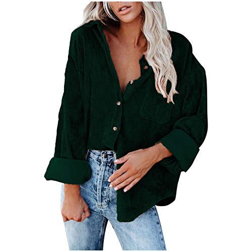 Womens Corduroy Jacket,Memela Women's Solid Color Lapel Button Down Coat Long Sleeve Casual Outwear Warm Winter Blouse Tops Green