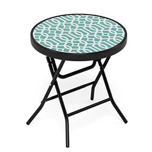 Mfstudio Patio Side Table, Folding Portable Round Bistro Coffee Table, Tempered Glass Metal End Table, Plant Stand For Indoor & Outdoor Garden Lawn Backyard Poolside, 18 Inch Pattern Green #TOP2
