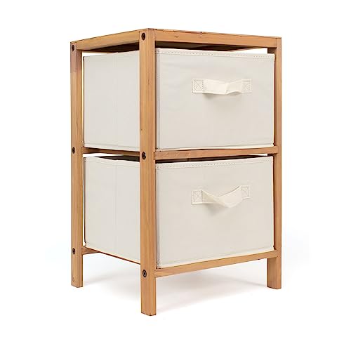 THE SECRET HOME - Mueble Auxiliar de Madera - Cajonera de 2 Cajones en Madera y Tela – Color Marrón y Beige - Mueble Organizador para Baño, Cocina, Salón, Dormitorio