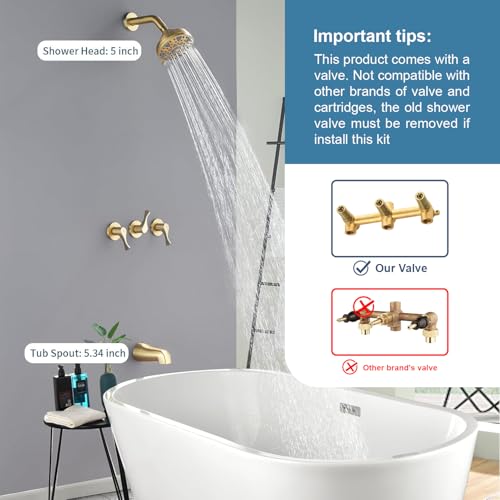 3 Handles Shower Faucet Set with Tub Spout Bathtub Shower Faucet Combo Set Shower System Complete Tub and Shower Trim Kit Brushed Gold Shower Set