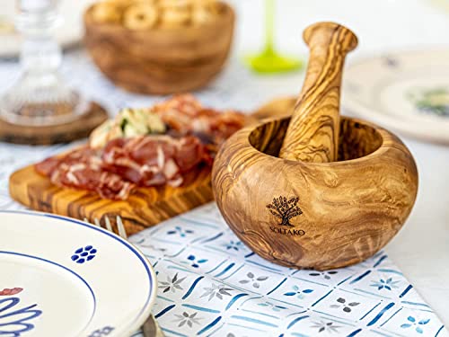 Soltako Handmade Mortar And Pestle Set, Olive Wood, Rustic Grinding Bowl, Manual Garlic Crusher, Sturdy & Durable, Perfect For Spice, Pepper, Seeds, Sauces, Kitchen Gifts For Women (Ø 6.3″) #TOP5