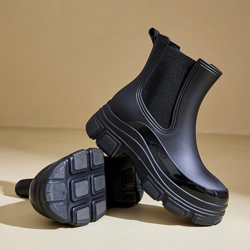 Women's Chelsea Rain Boots Waterproof Trendy Rubber Ankle Boots Comfy Round Toe Elastic Slip On Platform Short Garden Boots for Outdoor Work & Daily4