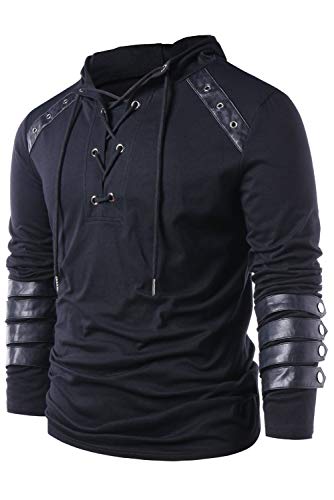 Men Gothic Steampunk Drawcord Lace up Hoodie Medieval Knight Long Sleeve Stitching Leather Armor Sweatshirt Pullover Black, M steampunk buy now online