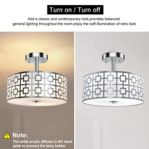 Dllt Semi Flush Mount Ceiling Light, 3-Light Modern Entry Light Fixture Ceiling Hanging With Drum Shade For Bedroom, Dining Room, Kitchen, Hallway, Entry, Living Room, Brushed Chrome Finish #TOP6