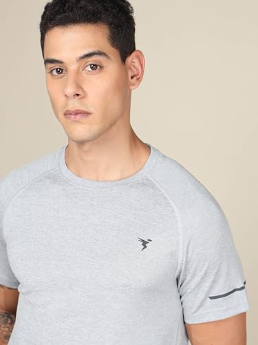 Image of TECHNOSPORT Men's Melange Slim Fit Round Neck T-Shirt Double Cool Raglan Sleeve Slip On Polyester for Gym Running Workout UPF50+ Anti Odour