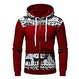 Manteau de Noël à capuche pour homme avec imprimé élans, cordon de serrage et fermeture éclair, Red, L