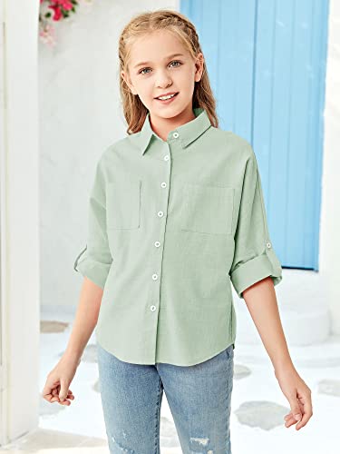 Modershe Girls Roll Up Cuffed Sleeve Button Down Shirts Cute Casual Pockets Blouses 5-14 Years Kids Loose Collared Tunic Tops Mint Green #TOP3