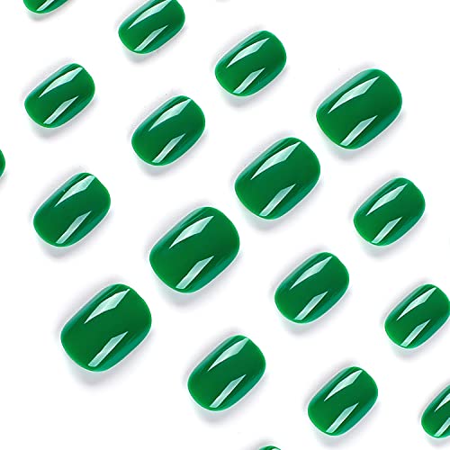 Square Green False Nails With Glossy Designs Press On Nails Short Fake Nails Artificial Full Cover Stick On Nails Acrylic Glue On Nails For Women Girls Nail Decorations 24Pcs #TOP1