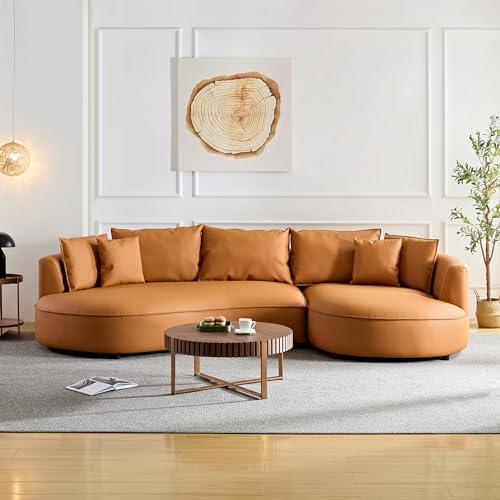 Image of KEIKI 129 inch Curved Oversized Modular Bonded Leather Sectional Sofa with Right Chaise, 4 Pillows, 3 Back Cushion, Modern Comfy 5-Seater Couch, Easy Assembly, for Apartment, Living Room, Orange
