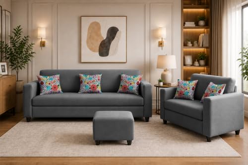 Image of Rosebell 3+2 Fabric Sofa Set with Ottoman | Premium Upholstery 5-Seater Sofa | with Printed Cushions | Living Room Furniture |Grey-Color