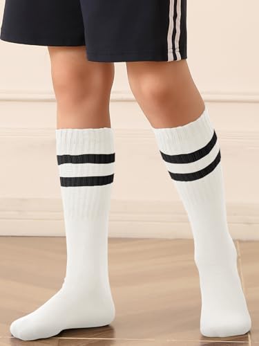 Haloumoning 3 Pairs Boys Soccer Athletic Socks Kids Striped Football Knee High Uniform Sports Tube Socks 4-15 Years2