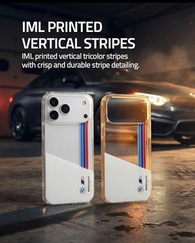 Image of CG MOBILE BMW [Official Licensed] Protective Case Designed for iPhone 17 Pro Max |Motorsport Collection|IML Printed Case with Vertical Stripes - White