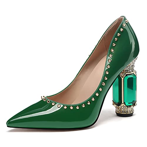 JANSEVEN Women Chunky Heels Pumps Crystal Block Heels with Rhinestones Rivet Pointed Toe Sexy Gradient Patent Leather Slip on Bridal Party Wedding Dress Shoes 5-13 M US