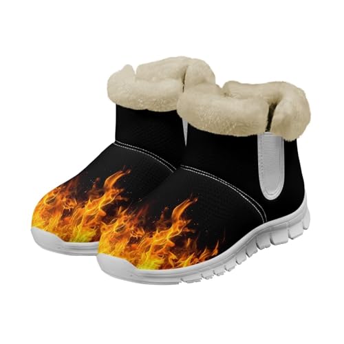 Howilath Flame Print Snow Shoes for Women Non-Slip Snow Boots Outdoor Booties with Plush Fur Lining Comfortable Ankle Shoes