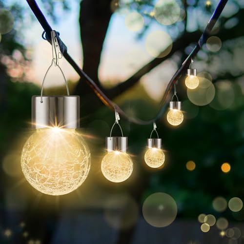 Solar Lights Outdoor Decorative 32 Pack, Hanging Solar Garden Lights Waterproof, Solar Powered Globe Lantern Cracked Glass Ball Lights for Yard Patio Fence Tree Umbrella Holiday Decoration, Warm White by PARTPHONER - Image 2