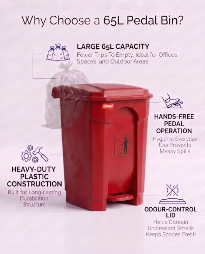 Image of pedal dustbin with lid, heavy duty plastic garbage bin, hands-free step-on waste bin for kitchen, office, home, hotel, bathroom & outdoor use (Mystic Red, 65 Liters)