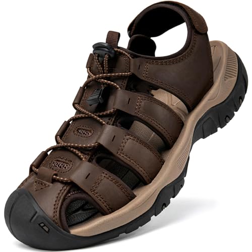 Image of Boveshorn Mens Athletic Hiking Sandals Closed Toe Leather Water Shoes Summer Outdoor Sport Sandals for Trail Beach Walking Waterproof Coffee Brown