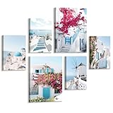 FajerminArt 6 Sets Moderne Griechische Insel Leinwand Bilder mit rahmen, Blaues Santorini Ägäisches Meer Wandbilder Wanddeko Glockenturm Rosa Blume Bild Auf Leinwand Deko für Wohnzimmer Schlafzimmer