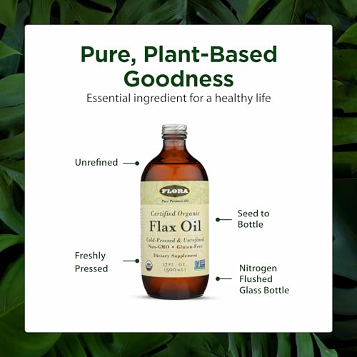 Image of Flora Certified Organic Flax Seed Oil - Cold Pressed & Unrefined - Non-GMO, Gluten-Free, Kosher Omega Flax Oil Blend - Essential Fatty Acids for Wellness - Amber Glass Bottle - 17 oz
